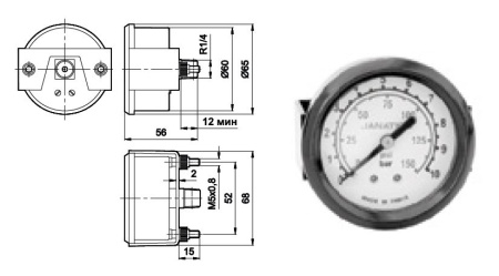 Манометр для панельного монтажа, R1/4, 0-10бар, диам. 60мм