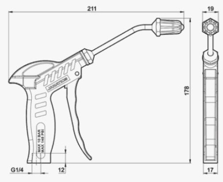 Пистолет обдувочный с широкоугольным соплом на изогнутом стволе (120mm)